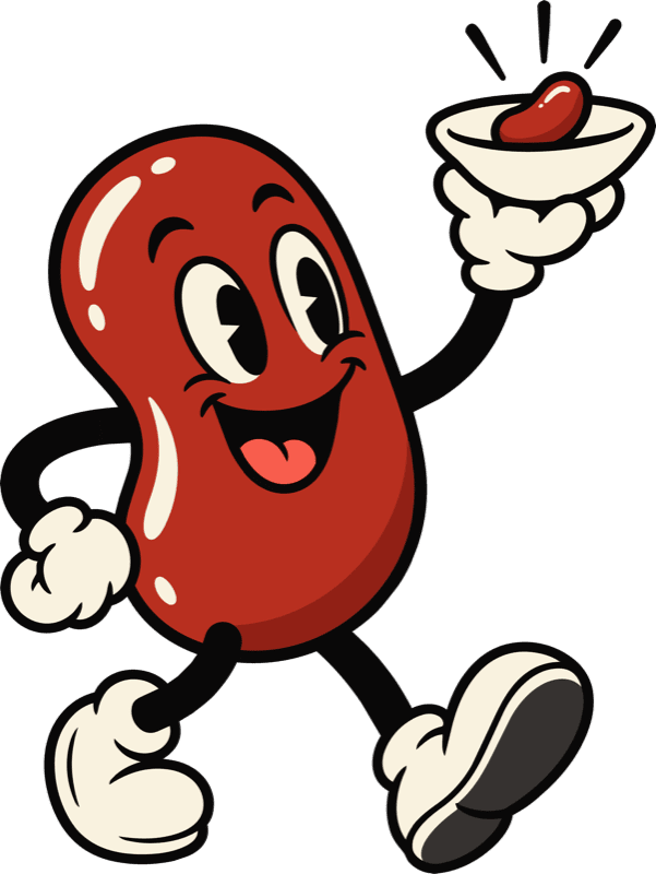 The Single Bean mascot, holding up a basket with one bean in it